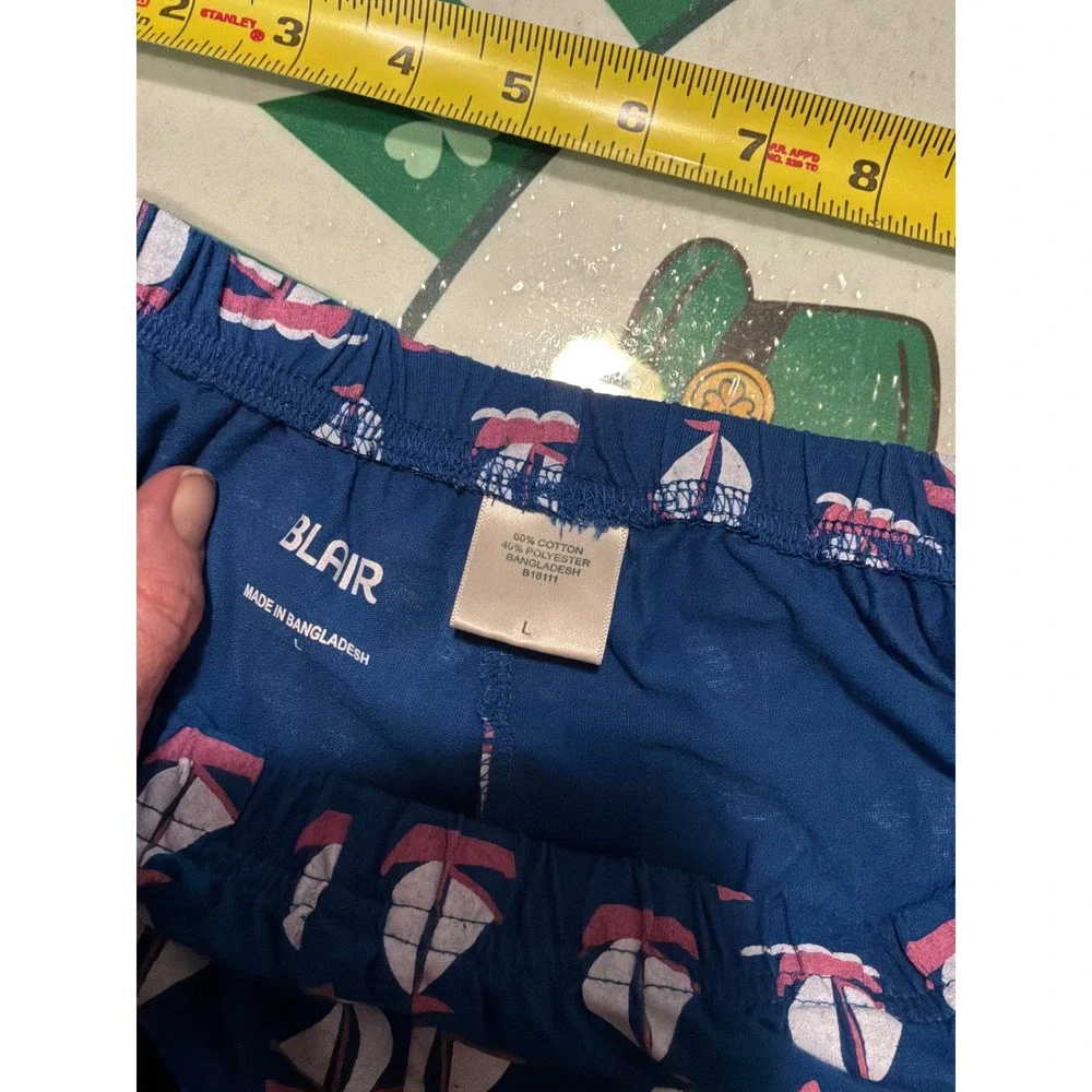Blair Women Pajama Pants L Blue Sailboat Print‎ Nautical Crop Sleepwear B18111